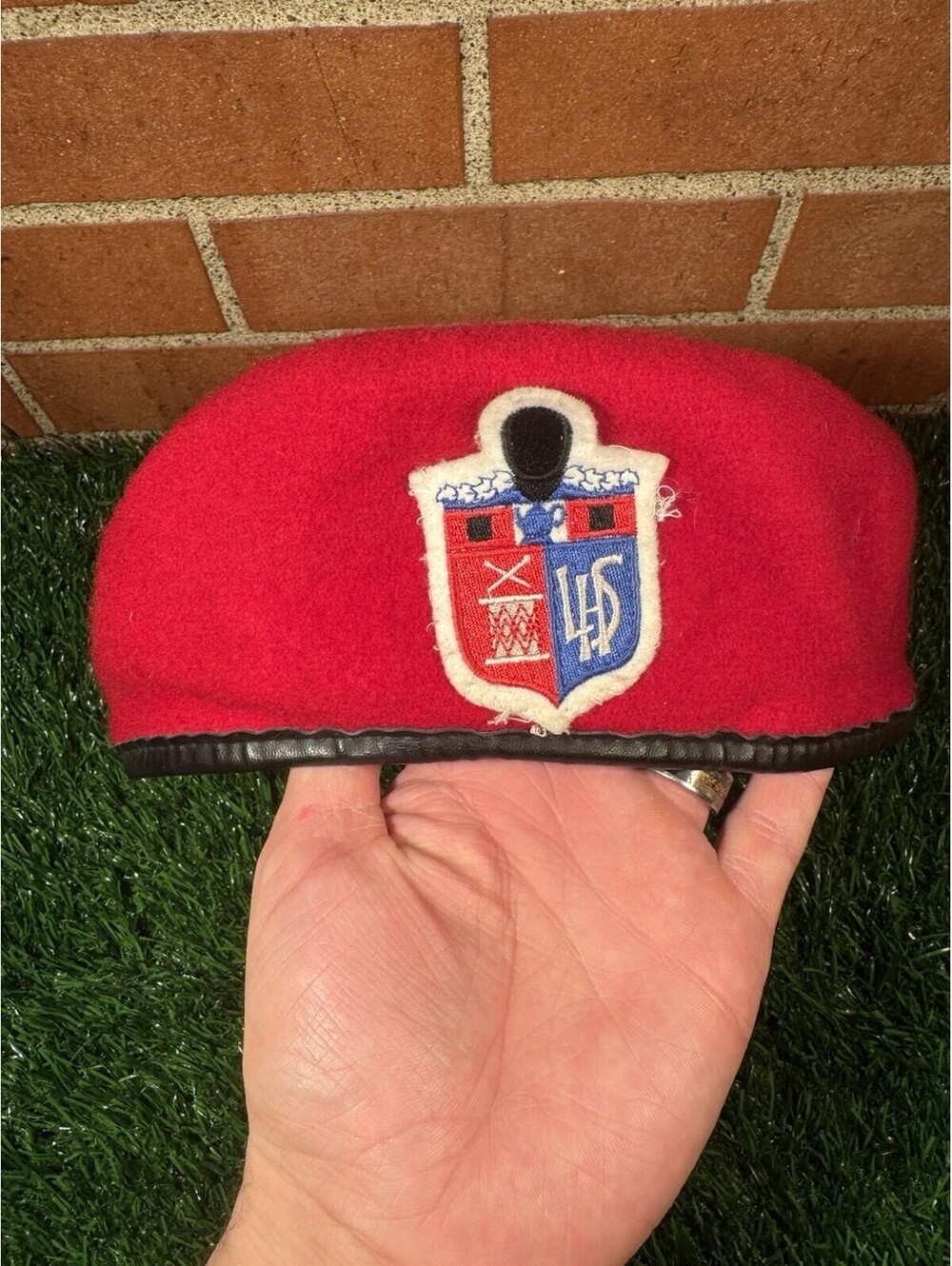 VTG Red Bancroft Wool Military Beret Livery High School Grenadier Band Patch